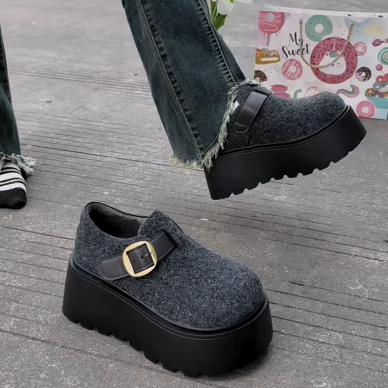 毛毡厚底勃肯鞋女灰色增高保暖加绒冬季棉鞋2025冬季新款增高女鞋