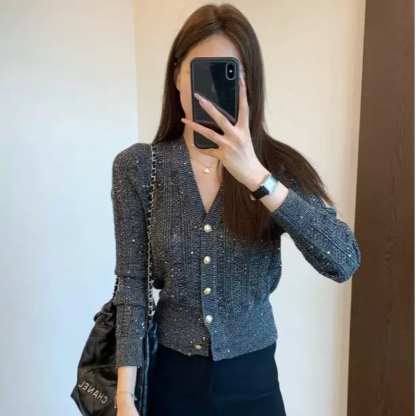 软糯复古风减龄2025新款欧货亮片小众长袖宽松显瘦针织衫上衣T820