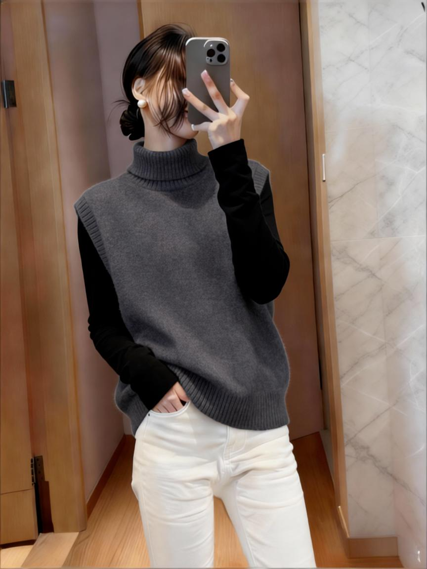 时尚慵懒风高领针织背心马甲打底衫两件套软糯内搭显瘦上衣两件套