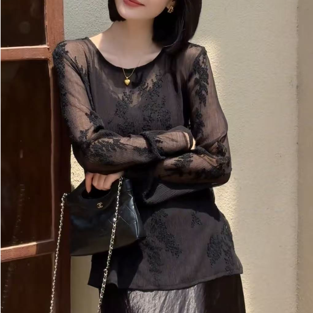 时尚休闲宽松气质百搭长袖圆领雪纺衫