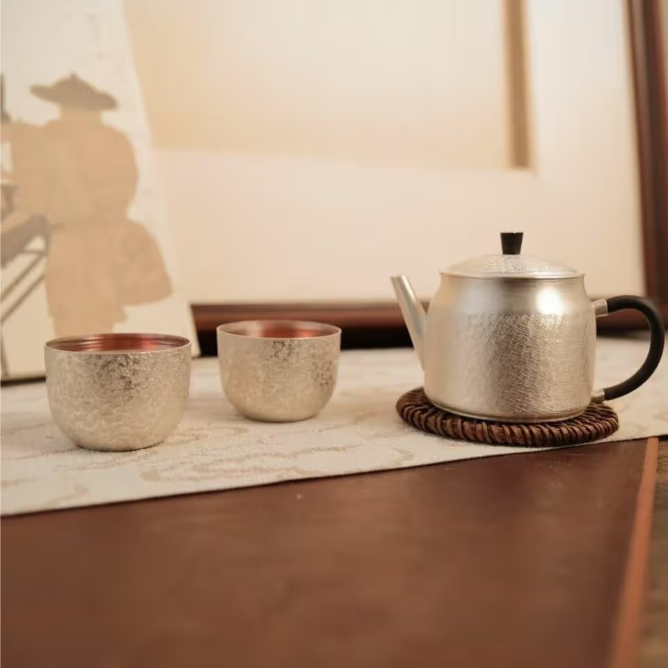 壶尔摩斯《布纹》套组一壶两杯 家用纯手工小容量便携精致足银999