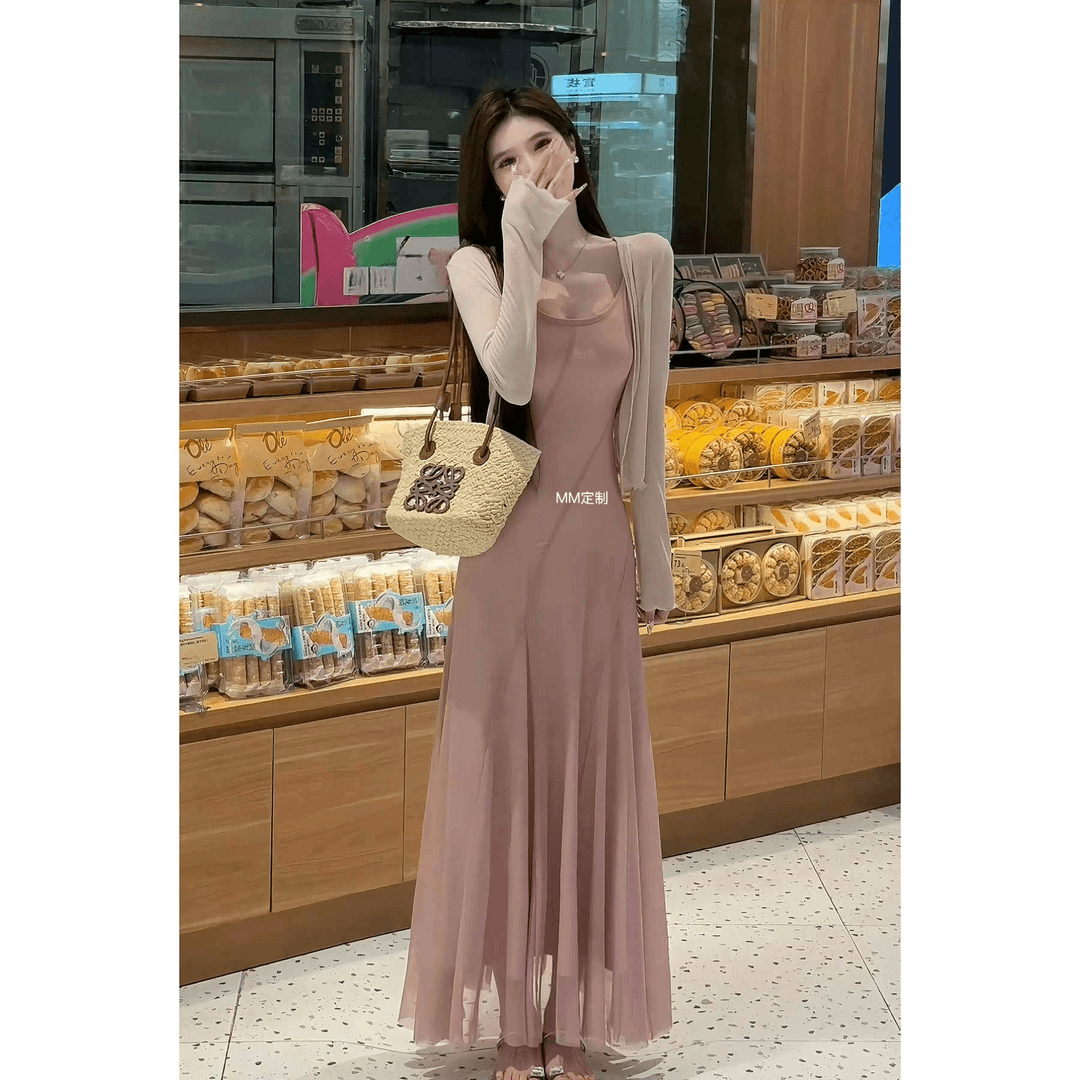 粉雾香氛2025新款春夏法式气质艺术生浪漫显瘦吊带长裙开衫套装潮