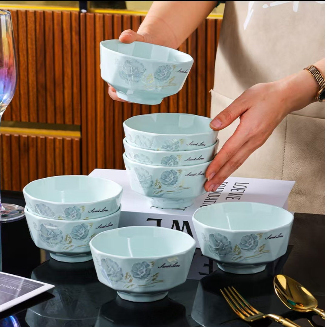 影青瓷甜蜜蜜4.5英寸米饭碗10个轻奢加厚中式乔迁欧式吃饭碗家用