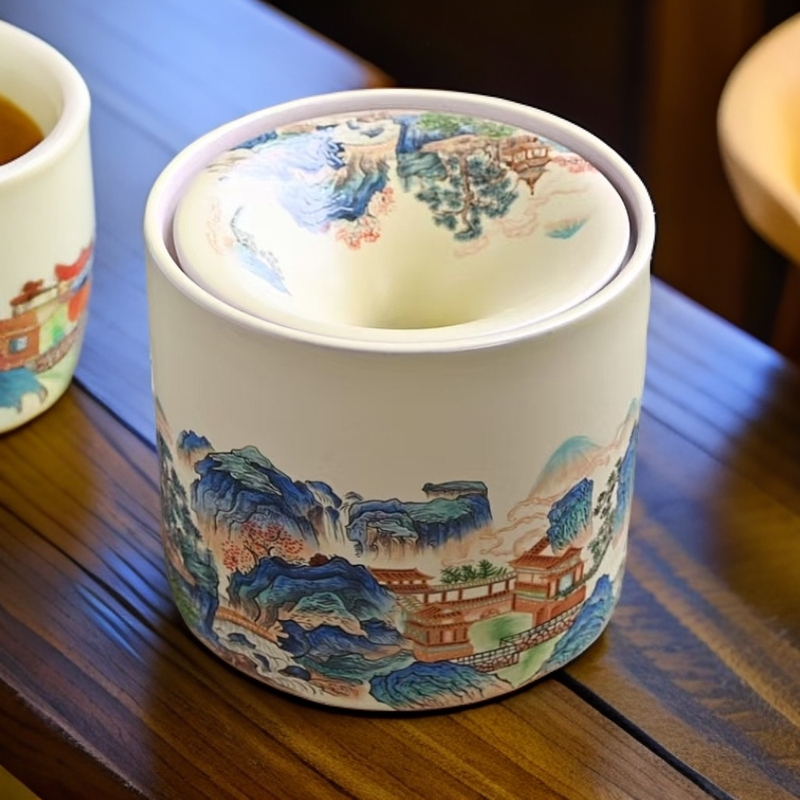 青花汝窑千里江山茶渣缸带盖干湿分离废水桶防飞灰烟灰缸陶瓷茶洗
