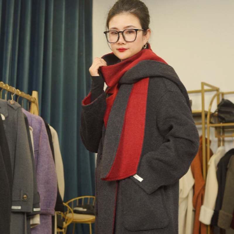 【 25826】长款西装领+围巾双色双面【双面可穿】秋冬保暖羊毛大衣