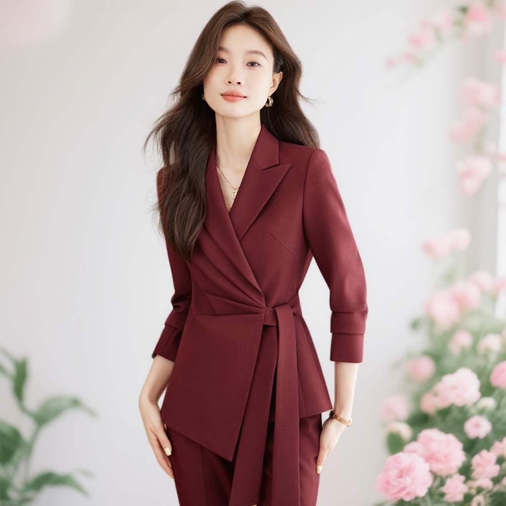 安格拉红西装套装女2025秋冬新款职业装气质女神范主持人名媛西服