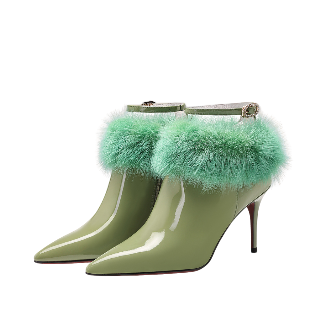 高档手工7.5cm秋冬系列亮面牛漆皮绿色细跟时尚短靴水貂毛时装靴