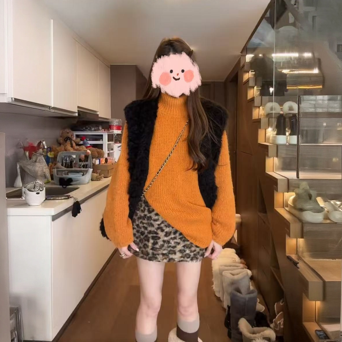 2025冬季韩系时尚套装气质高领针织毛衣慵懒毛毛马甲显瘦豹纹半裙