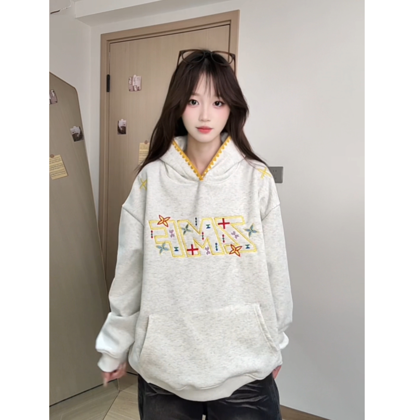 国潮复古美式贝壳刺绣LOGO连帽卫衣男宽松时尚舒适加绒帽衫上衣女