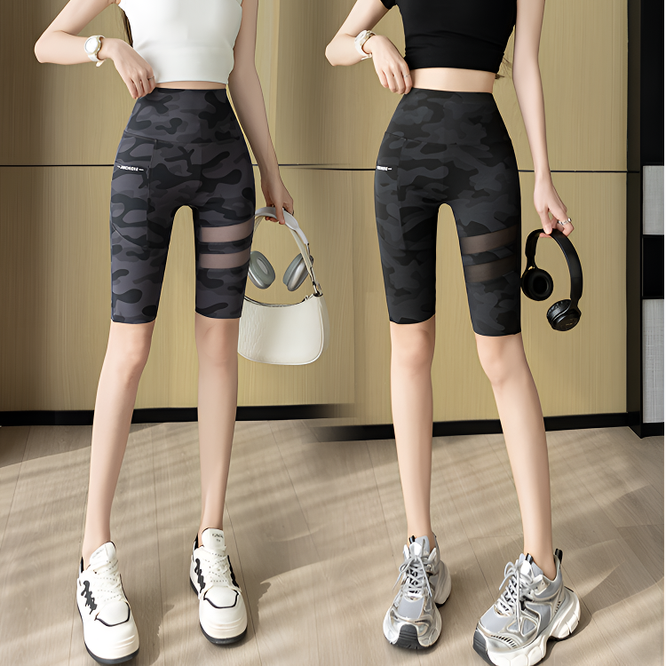 薄款健身运动迷彩口袋网纱五分骑行裤高腰鲨鱼裤夏季弹力打底裤女