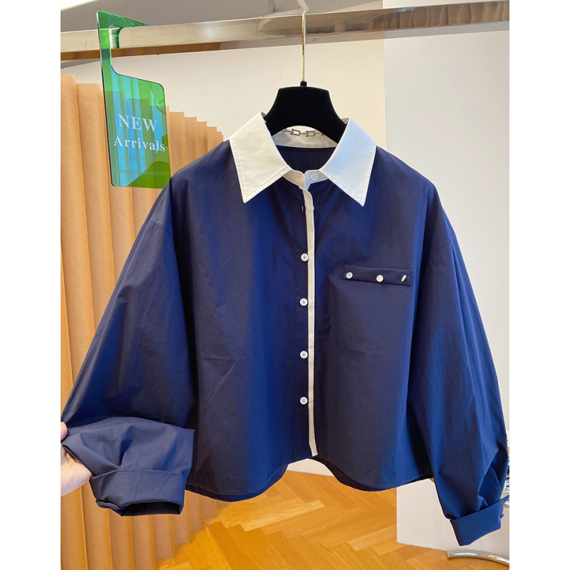 高级感撞色翻领长袖衬衫女2025新款秋季宽松休闲时尚减龄纯棉上衣