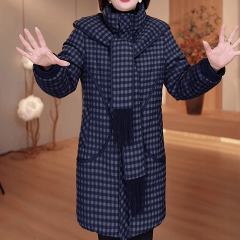 C042【棉服】2025冬季新款时尚拼接连帽洋气宽松休闲格纹棉服外套