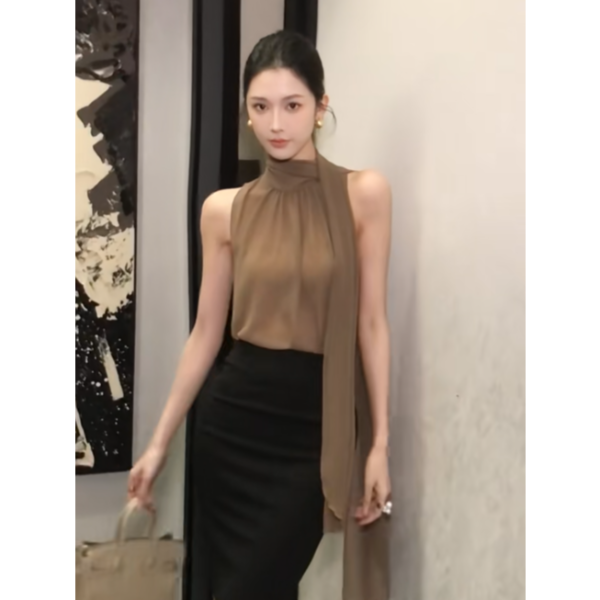 御姐轻熟风气质时尚套装女无袖飘带背心夏季黑色包臀半身裙两件套