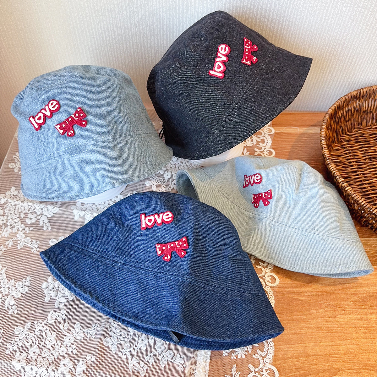 森系女童牛仔蝴蝶结渔夫帽春秋四季遮阳文艺范小女生宝宝水洗盆帽