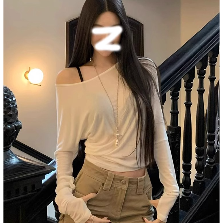 辣妹防晒罩衫长袖t恤女夏季2025新款纯欲一字肩斜肩微透薄款上衣