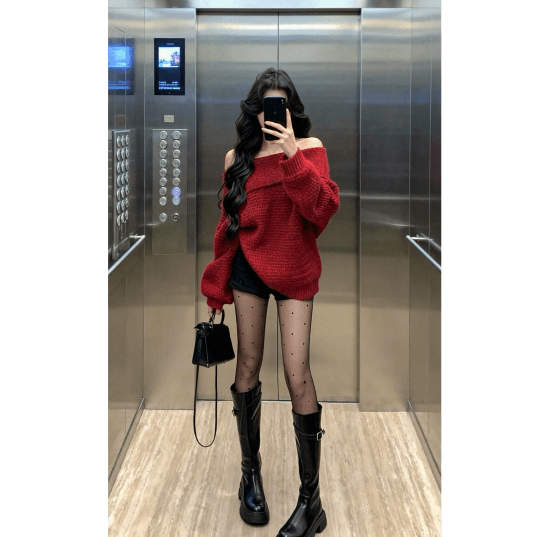 毛衣女圣诞红色一字肩秋冬季性感慵懒风高级感露肩长袖针织衫上衣