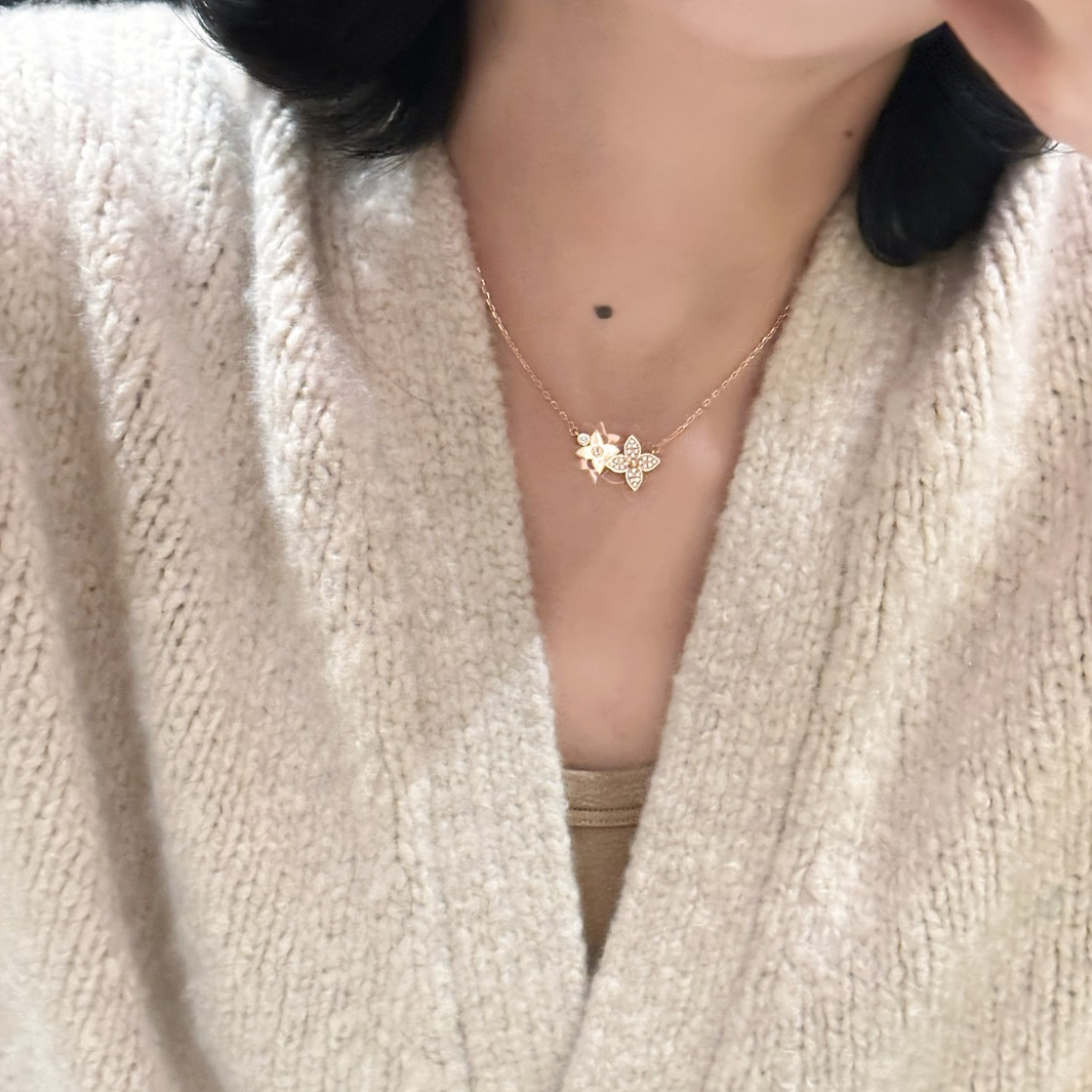 合金项链 PENNYPENG 满钻双生花 复古玫瑰金双子星半钻锁骨链女士