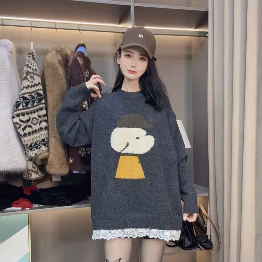 大码洋气拼接花边卡通中长款时尚显瘦长袖毛衣百搭宽松女针织衫