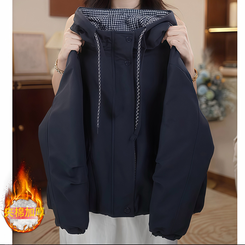 女童加绒棉服秋冬2025新款格子连帽二棉冲锋衣棉服加厚一体绒外套