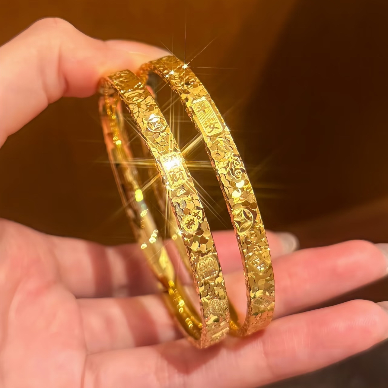 铜合金手镯 新中式爆闪碎碎冰福字手镯女精致百搭不掉色国风镯子