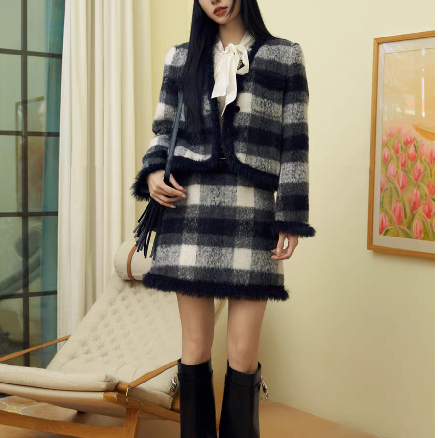 《魔》系新款时尚小香风短款外套+短裙黑白格纹套装