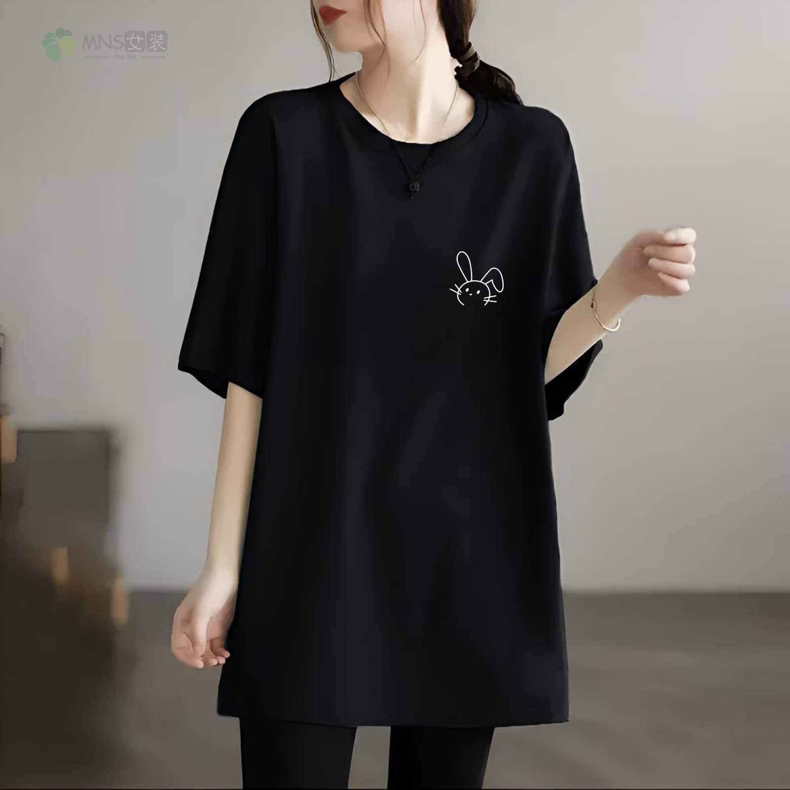 2025新款短袖女t恤中长款遮屁股鲨鱼裤上衣显瘦胖妹妹遮胯大码t恤