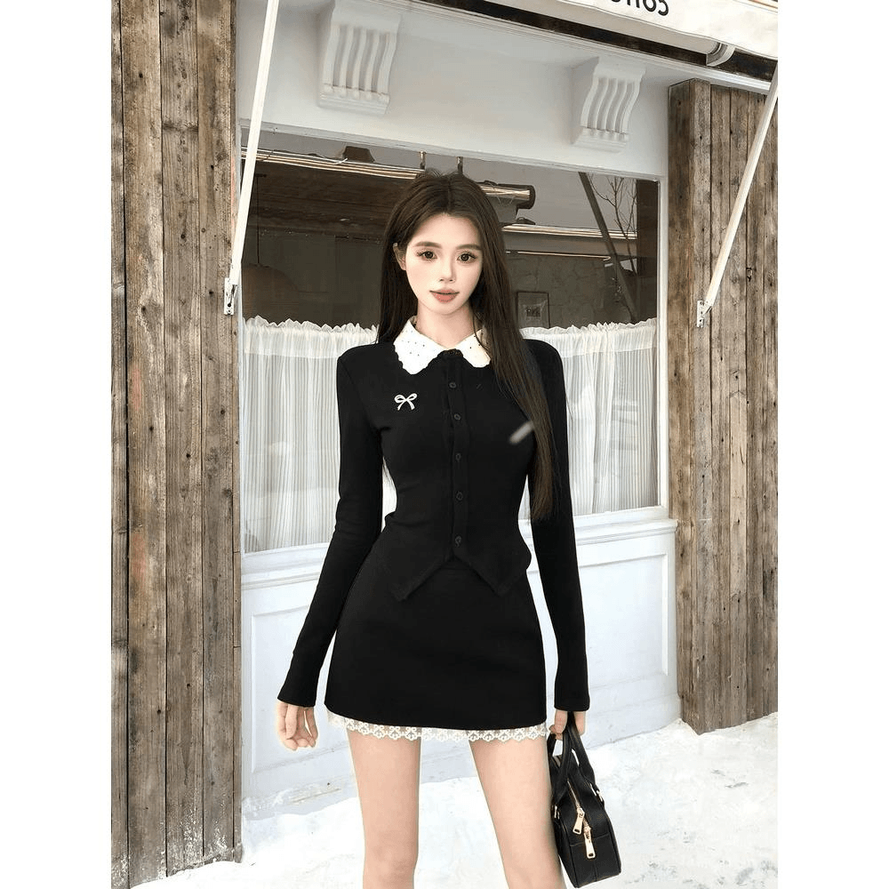 法式纯欲高级感辣妹针织衫女款早秋季设计感小众拼接上衣半身短裙