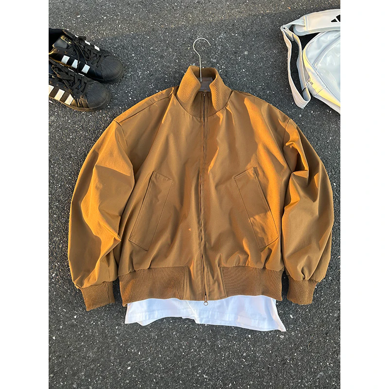 棕色cleanfit短款工装外套男廓形三防立领棒球服美式潮牌飞行夹克