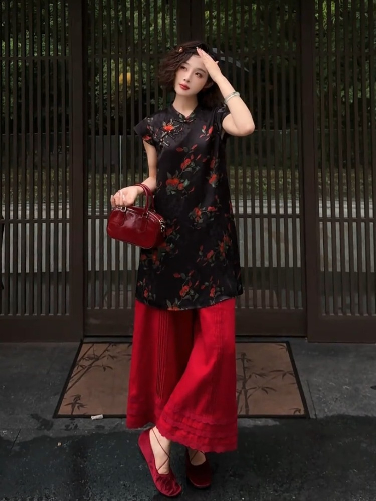 黑红色碎花新中式上衣套装阔腿裤女夏季重要穿场合国风宽松一整套