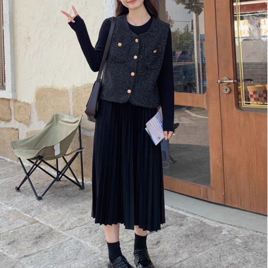 599 2025秋季新款胖mm法式小香风马甲百褶裙高级感两件套