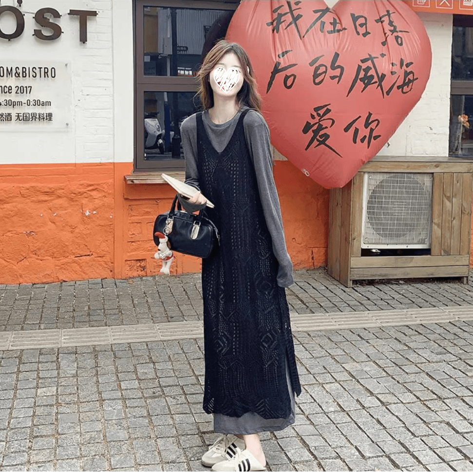 早秋氛围感穿搭叠穿镂空罩衫连衣裙套装女韩系慵懒宽松长裙两件套