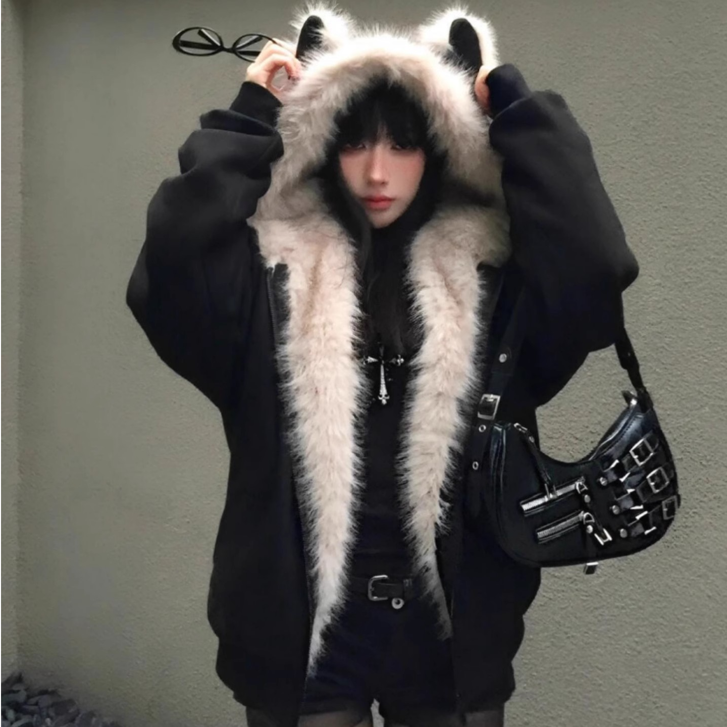 国潮座山雕猫耳朵连帽加绒外套冬季2025新款棉服女派克服情侣加厚