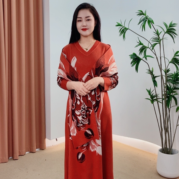 258秋冬季时尚针织提花长袖长款V领百搭围巾款连衣裙显瘦妈妈装