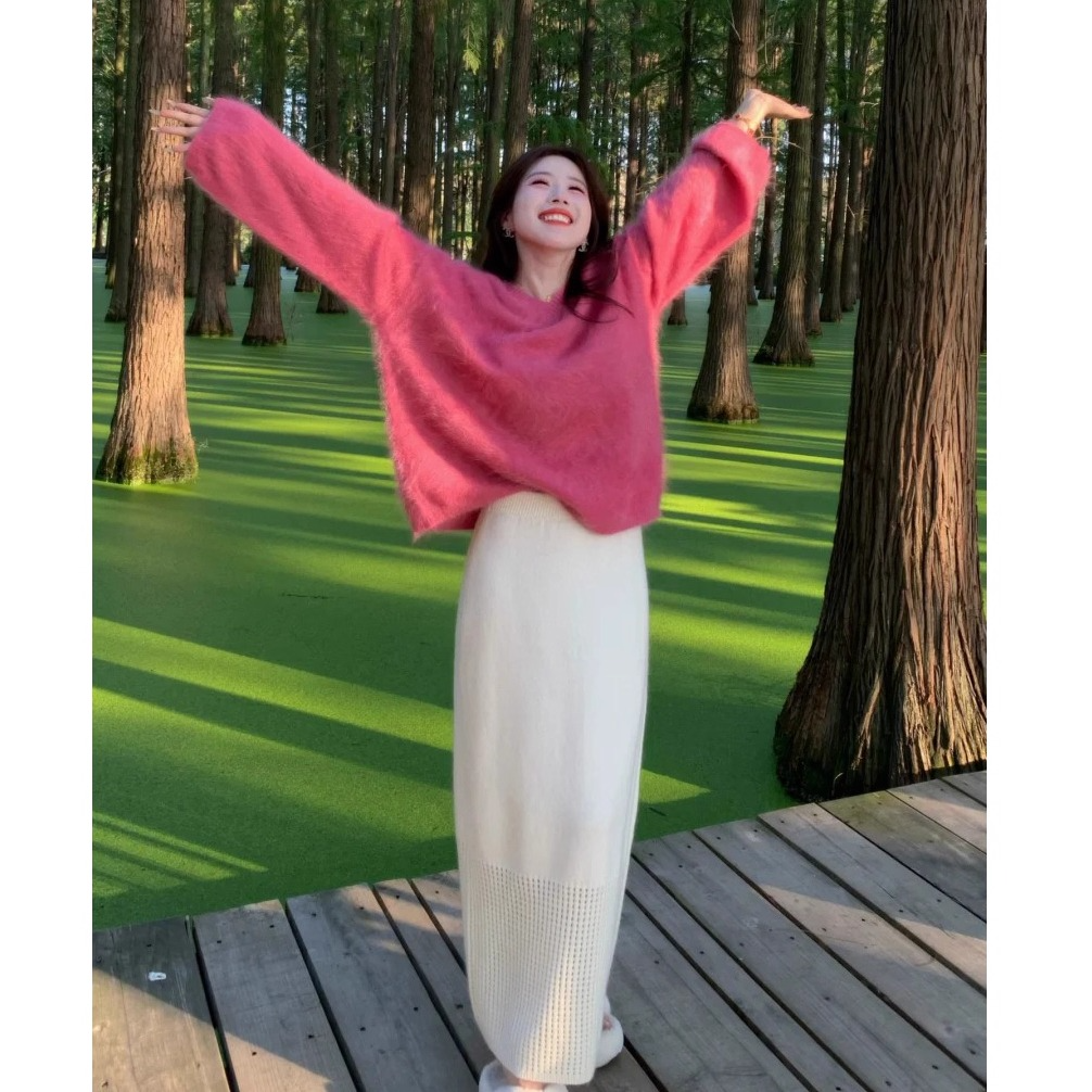 奶fufu树莓粉色马海毛毛衣女秋冬欧货慵懒高级感浣熊绒针织衫内搭