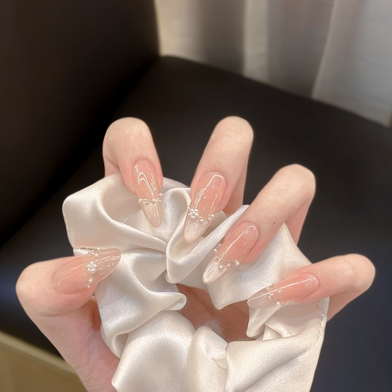 【珠光月色】夏日纯手工穿戴甲中长款高级感裸色冰透显白猫眼美甲贴