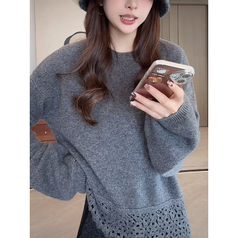 韩系慵懒风下摆钩花镂空毛衣女2025冬新款设计感宽松软糯打底上衣