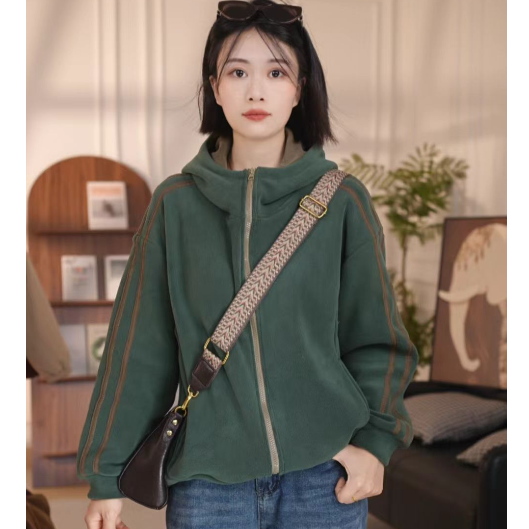 新款时尚百搭加绒连帽外套女显瘦减龄休闲上衣洋气卫衣潮拉条