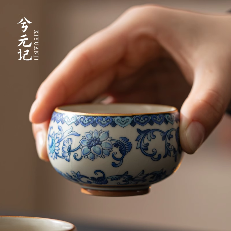 当代青花汝窑禅定杯满花描金珐琅彩茶杯高档主人杯单杯家用品茗杯