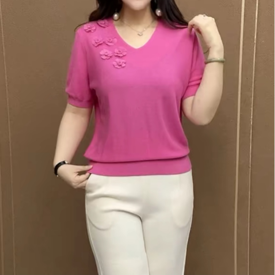 休闲时尚洋气短袖V领纯色花朵妈妈装宽松显瘦针织衫2025夏季新款