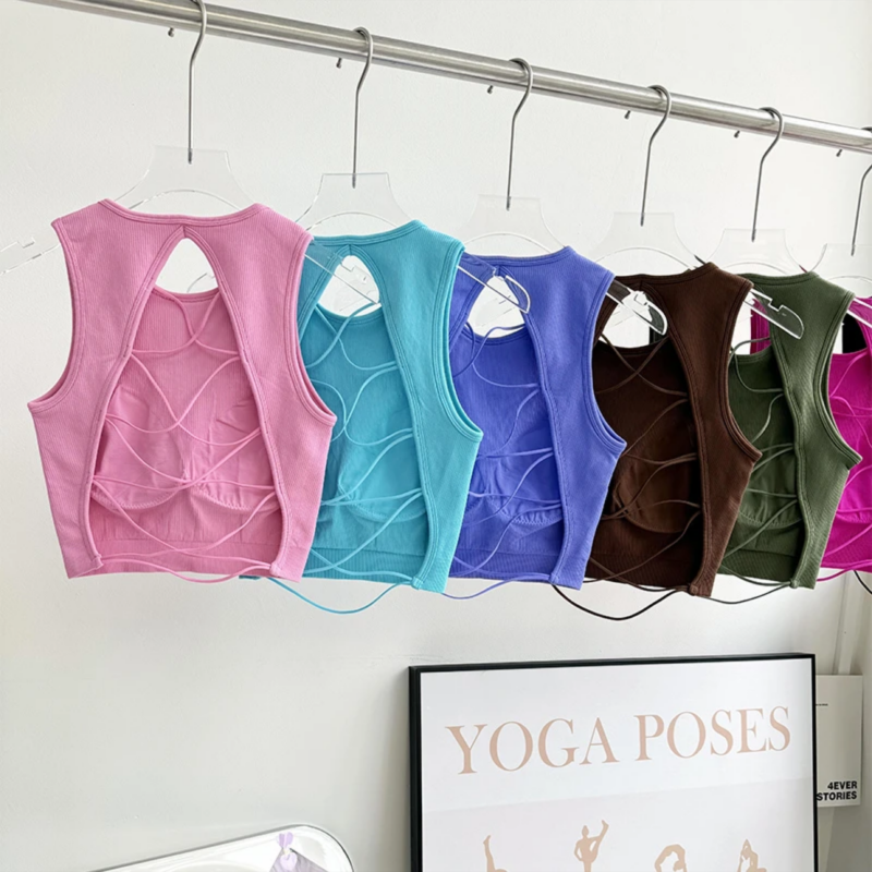 固定杯瑜伽背心性感交叉露背户外运动健身上衣跑步外穿无袖瑜伽服