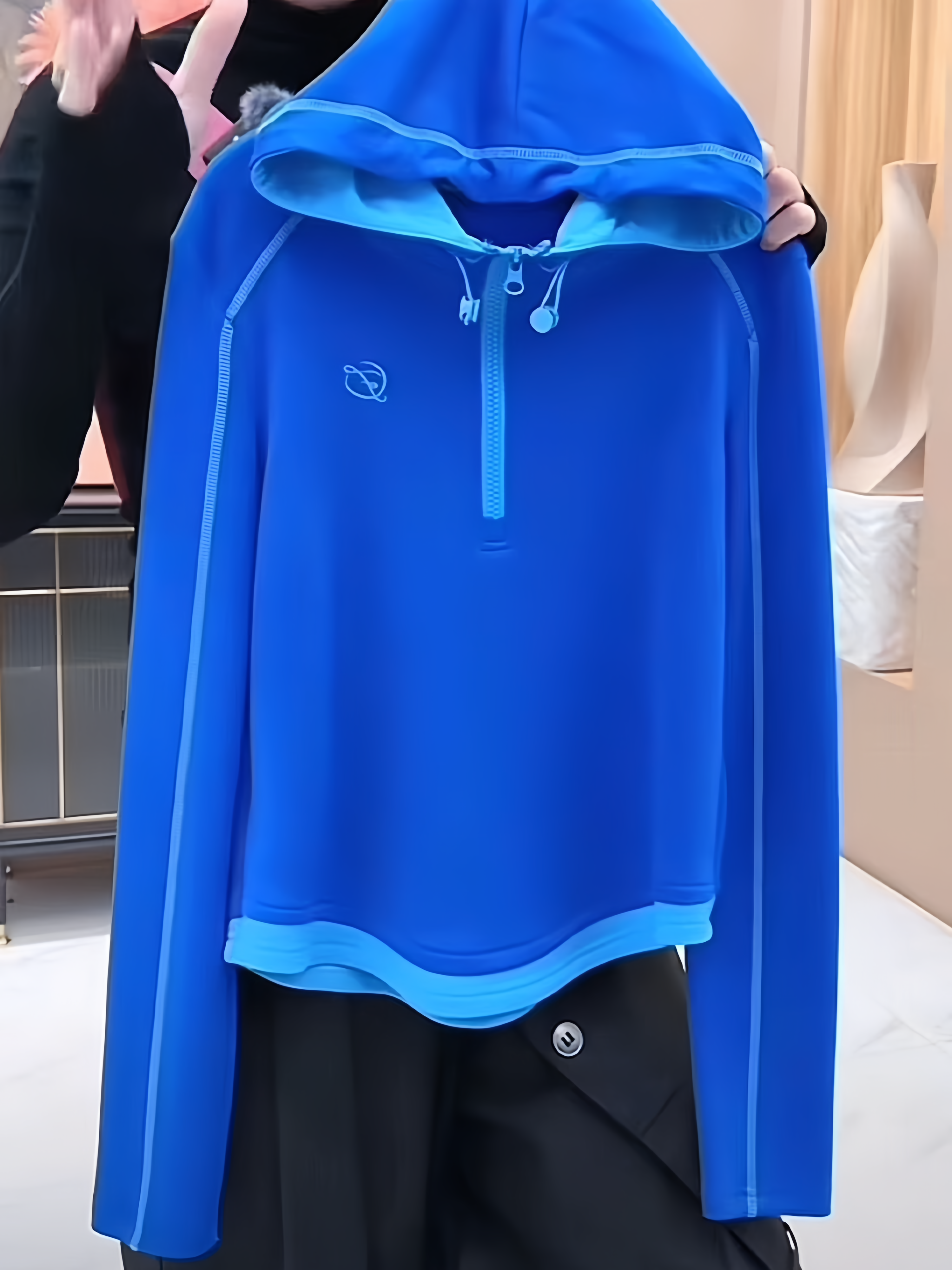 设计感假两件拼接蓝色连帽卫衣女2025秋冬款时尚气质显瘦拉链上衣