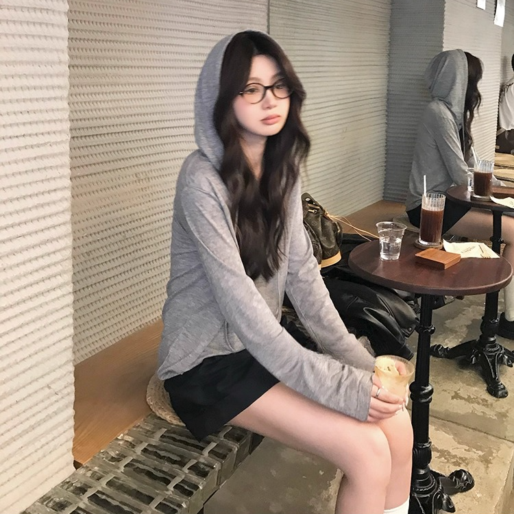 亨利领松弛针织连帽长袖t恤女春秋季慵懒风辣妹宽松打底衫上衣N