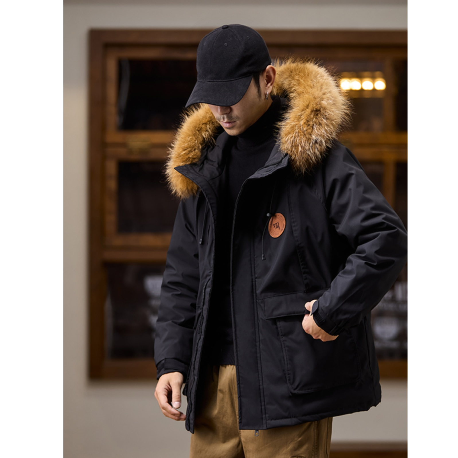 奇珀菲仑美式工装复古男士羽绒服真大毛领短款宽松连帽派克服外套