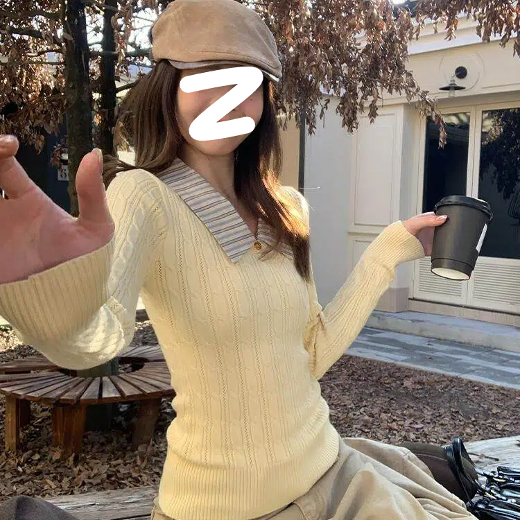 【莜黄清新】新款条纹拼接假两件复古绞花针织毛衣秋冬修身显瘦上衣