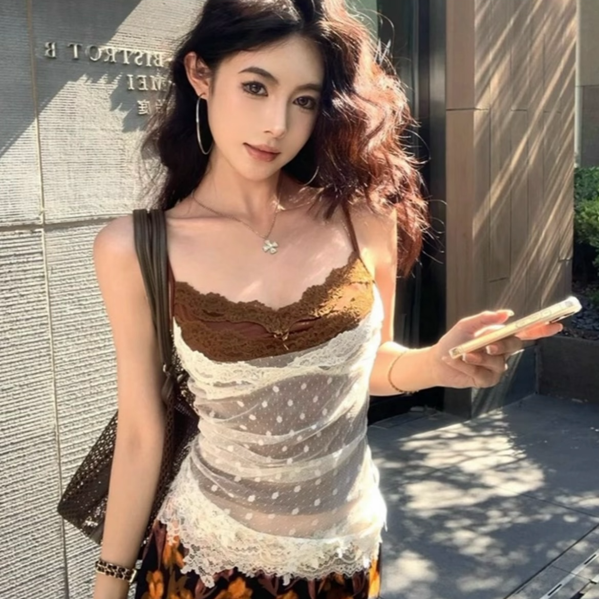 复古波点蕾丝假两件花边吊带背心女夏季新款无袖外穿辣妹内搭上衣
