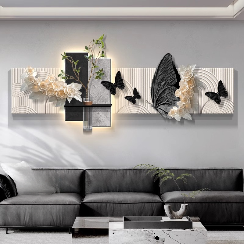 2025新款水培绿植客厅装饰画中古风高级感LED灯画沙发背景墙挂画