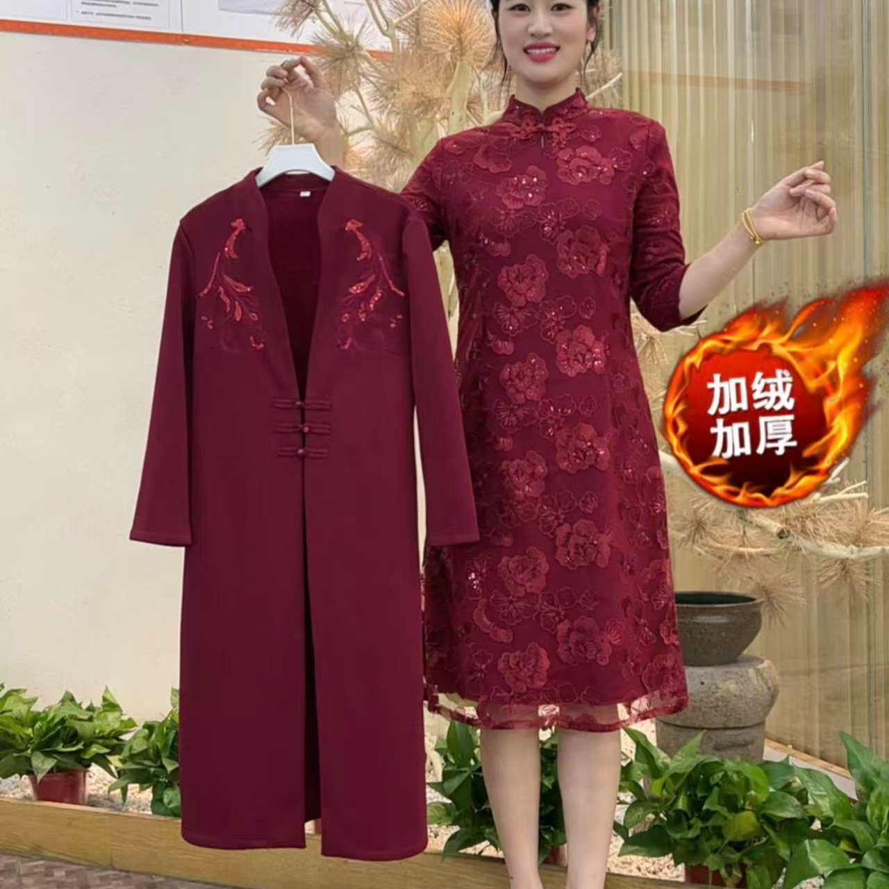 2025新款加绒加厚两件套连衣裙中老年套装婆婆婚宴裙子