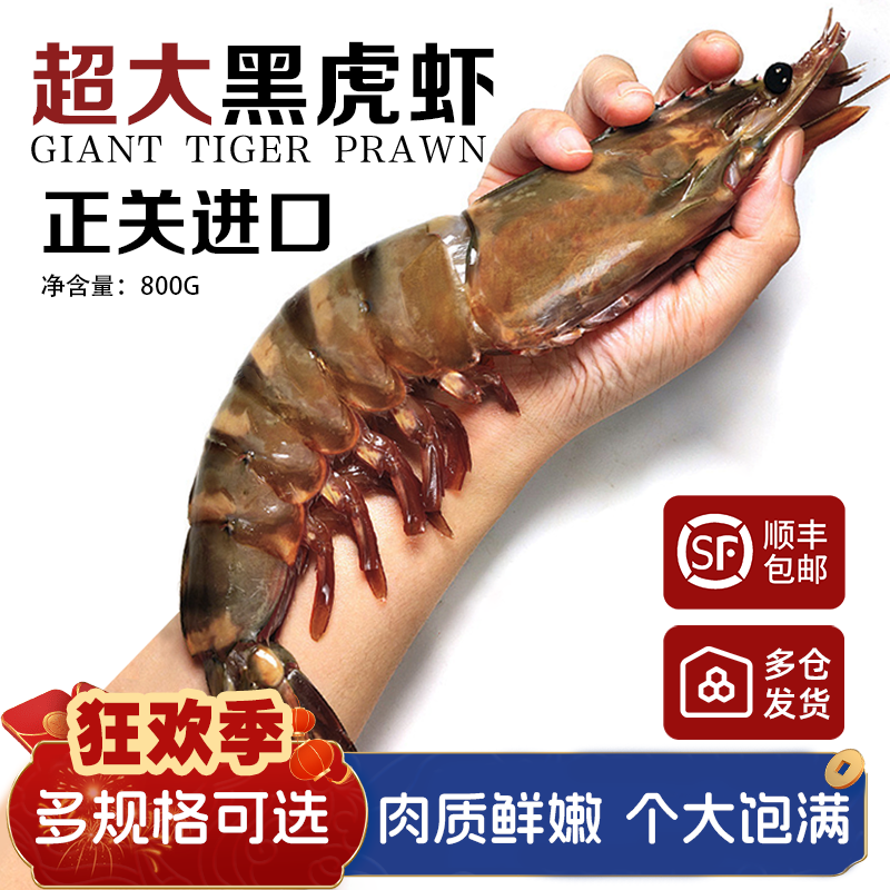 尝黑虎虾进口生冻黑虎虾 大虾深海斑节对虾九节虾老虎虾特大号