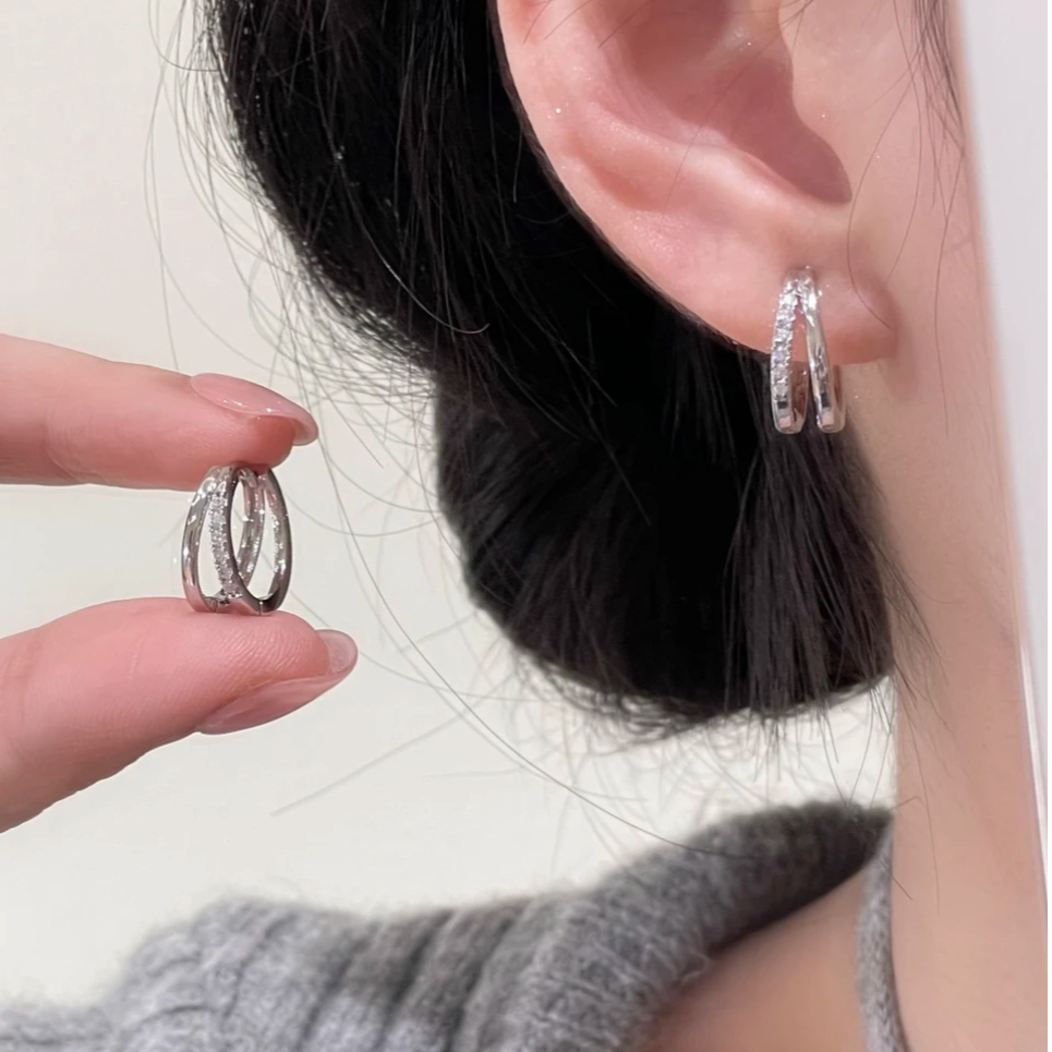 铜合金合成锆石耳饰 百搭银色耳扣耳环气质双层圈圈冷淡风耳饰