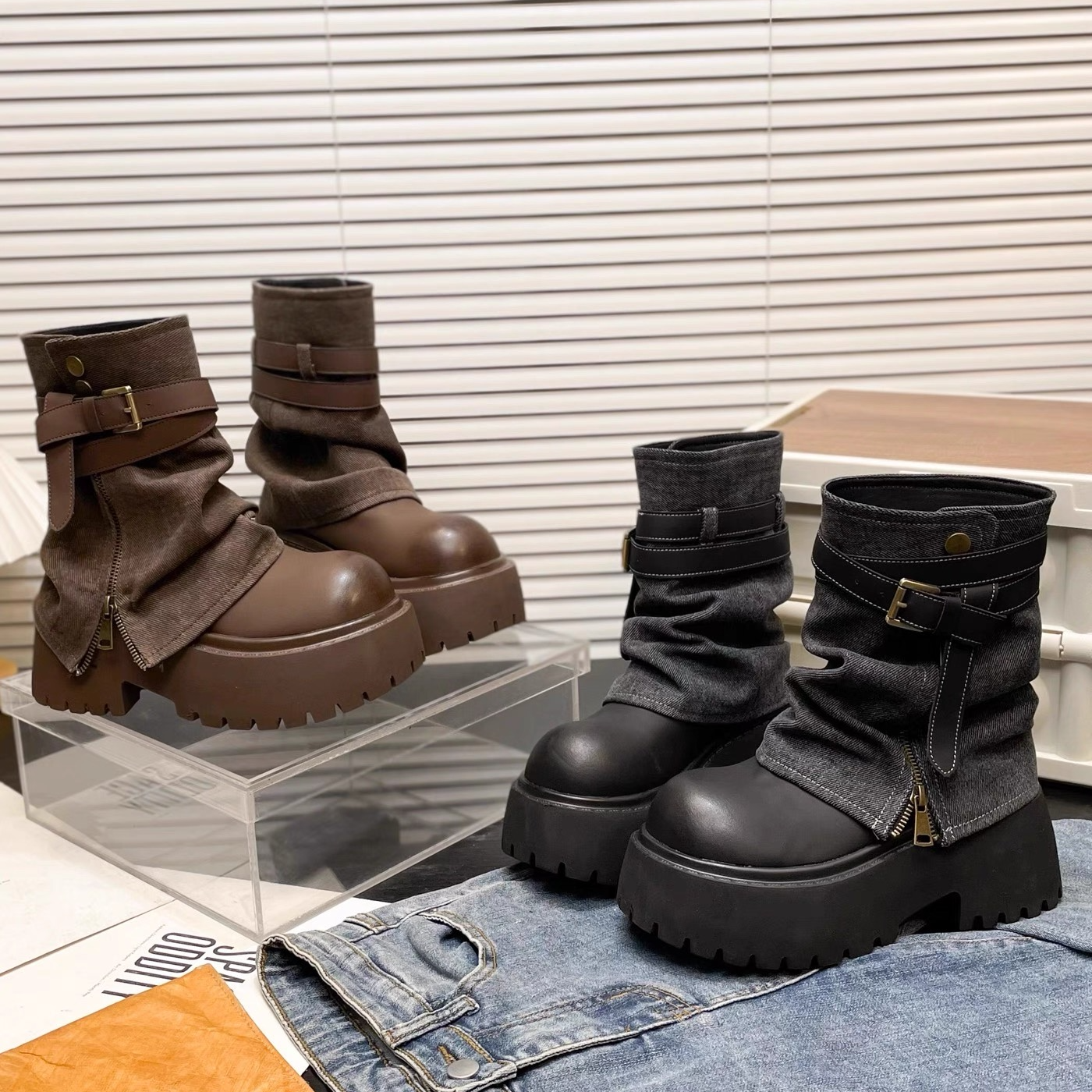 XK烟筒靴厚底增高裤管靴女堆堆靴2025秋季新款大头马丁靴潮703